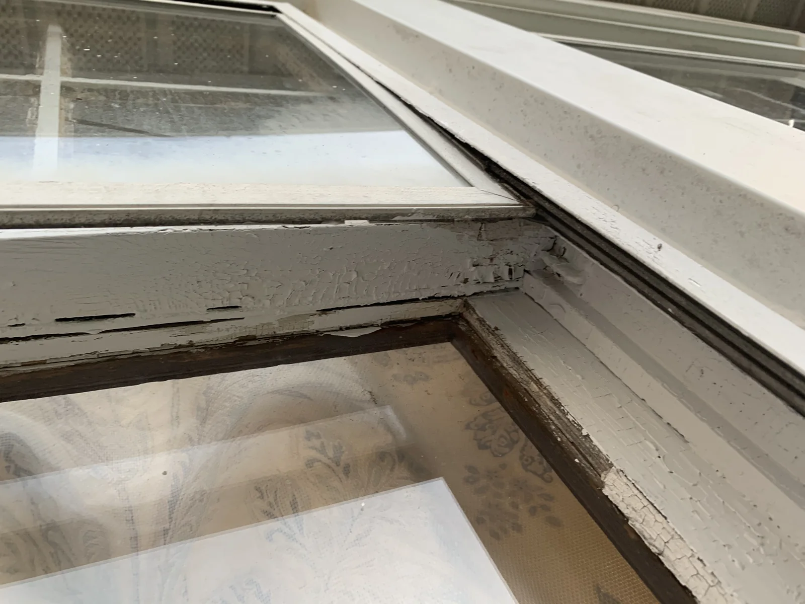 Painted window surfaces viewed at close range
